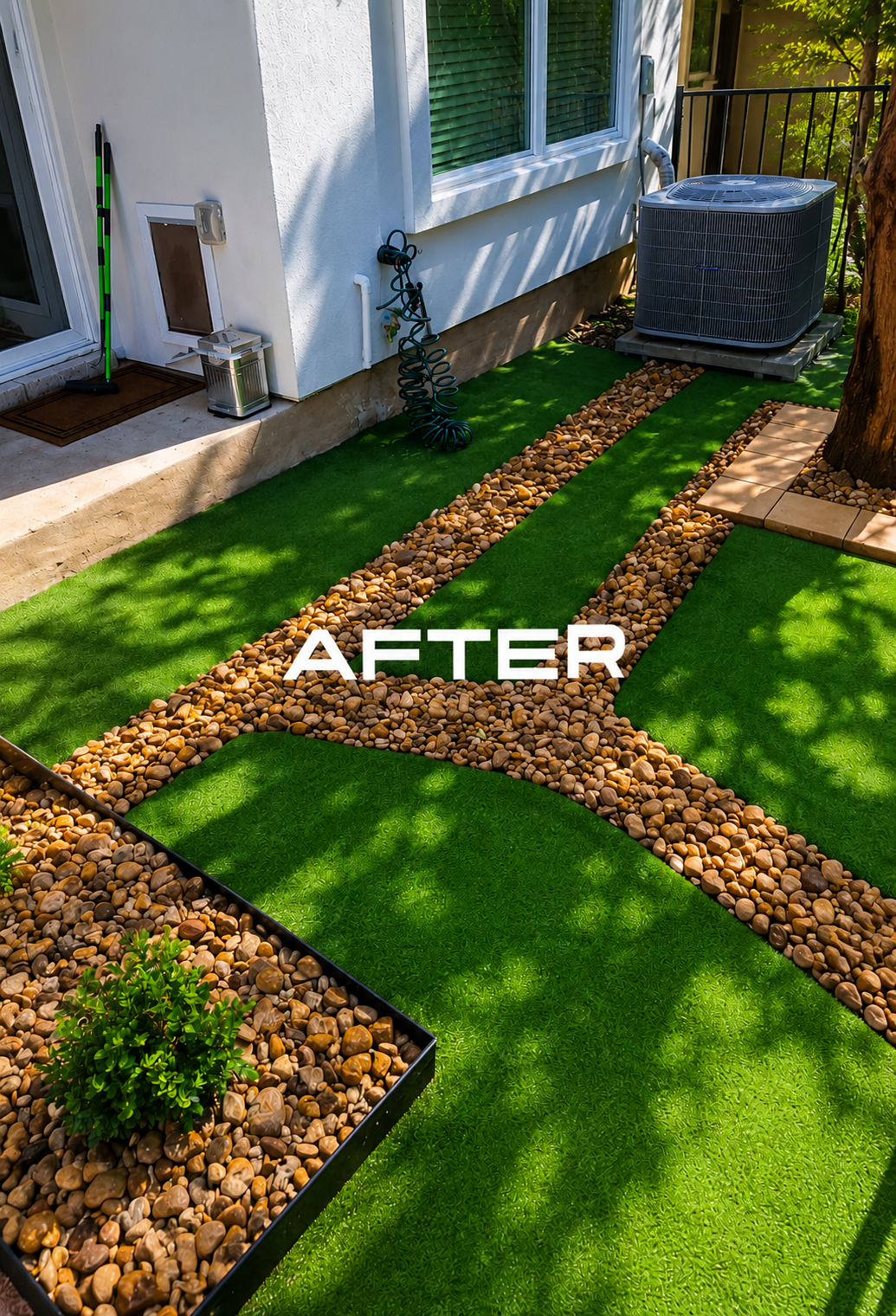 After photo of fresh turf with river-rock channels around the AC unit